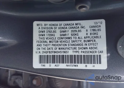 2013 Honda Civic Ex z USA, uszkodzony, nr VIN 2HGFB2F84DH519651